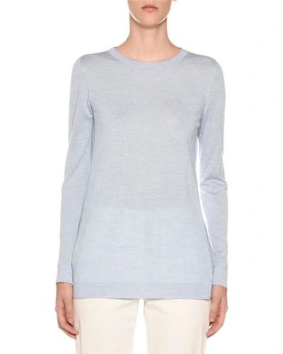 Agnona Crewneck Long-sleeve Cashmere-silk Sweater In Blue