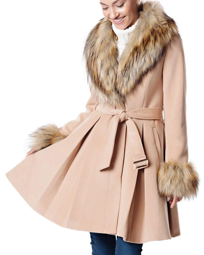 Fabulous Furs Fashion Flair Pleated Coat W/ Faux Fur In Camel