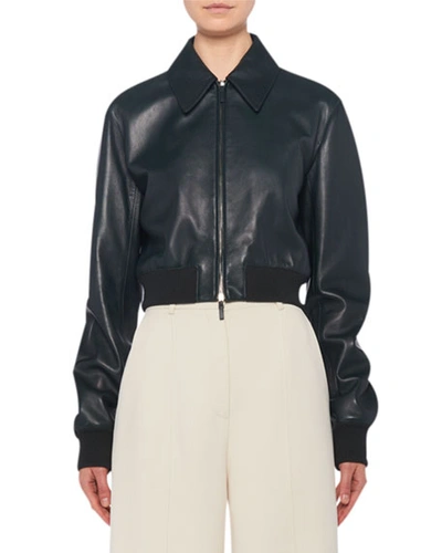 The Row Zarla Leather Collared Bomber Jacket In Dark Green