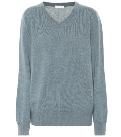 The Row Maley V-neck Long-sleeve Cashmere-blend Sweater In Blue