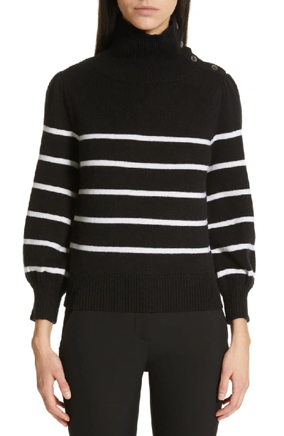 Co Funnel-neck Striped Wool-cashmere Sweater W/ Button Shoulder In Black/ White