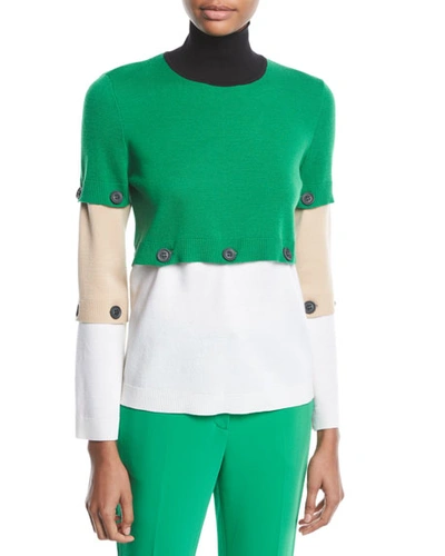 Rosetta Getty Button-off Colorblocked Turtleneck Wool Sweater In Green