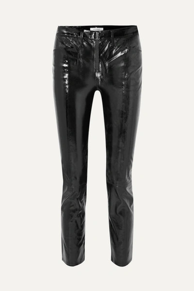 Frame Slick Cropped Patent-leather High-rise Slim-leg Pants In Noir