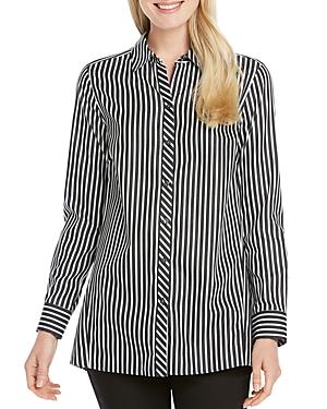 Foxcroft Emilia Striped Cotton Tunic Shirt In Black/ White | ModeSens