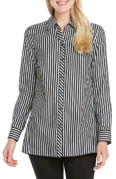Foxcroft Emilia Striped Cotton Tunic Shirt In Black/ White