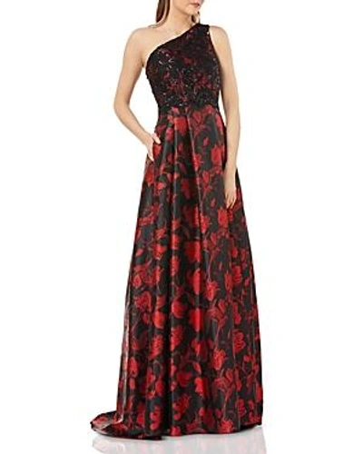 Carmen Marc Valvo Embellished One-shoulder Ball Gown In Red