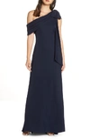 Tadashi Shoji Cassia Colorblock Bow-shoulder Crepe Gown In Midnight