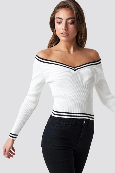 Pamela X Na-kd Off Shoulder Knitted Stripe Sweater White