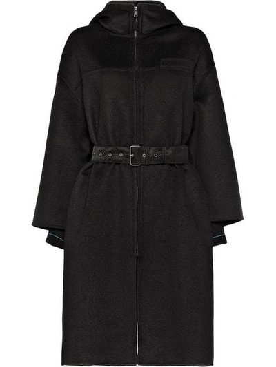 Prada Belted Hooded Coat In Black