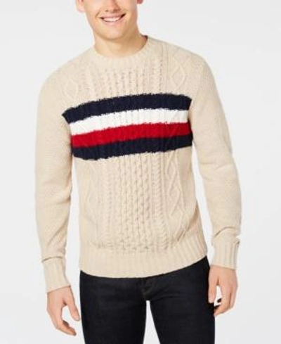 Tommy Hilfiger Men's Striped Chest Cable Knit Sweater, Created For Macy's  In Bone Heather | ModeSens