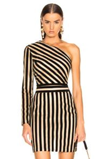 Sandra Mansour Tempete Du Desert One Shoulder Blouse In Black,stripes,metallic. In Black & White