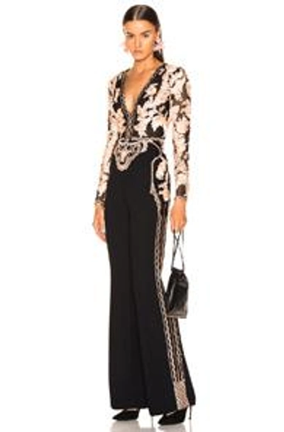 Zuhair Murad Floral Frame Embroidered Jumpsuit In Peach & Black