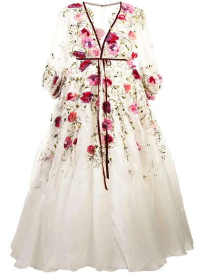 Marchesa Floral Embroidered Gown In White