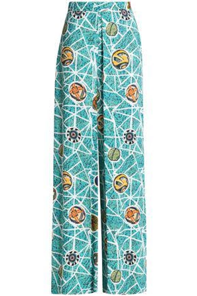 Stella Jean Woman Pleated Printed Crepe Wide-leg Pants Turquoise