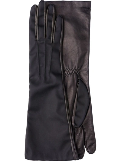 Prada Long Nylon And Leather Gloves In Black