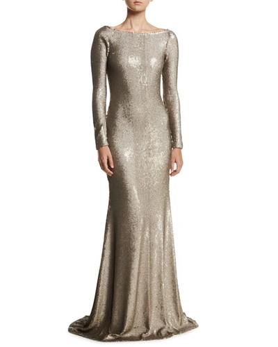 Naeem Khan Cowl-back Boat-neck Long-sleeve Fitted Sequin Evening Gown