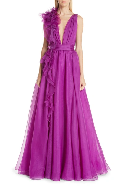 Marchesa Plunging V-neck Evening Gown W/ Ruffle Slit & Flower-detail In Orchid