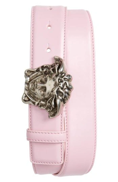 Versace Medusa Head Leather Belt In Powder Pink-antiqued