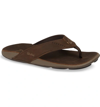 Olukai 'nui' Leather Flip Flop In Espresso Leather