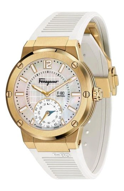 Ferragamo F-80 Motion Rubber Strap Smart Watch, 44mm In White/ Mop/ Gold