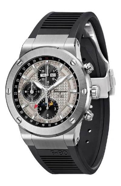 Ferragamo F-80 Limited Edition Automatic Chronograph Rubber Strap Watch, 44mm In Black/ Grey/ Silver