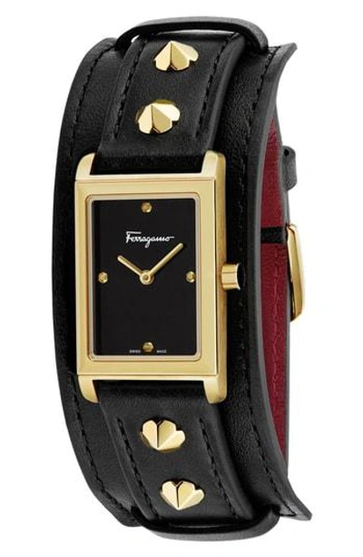Ferragamo Fiore Studs Leather Strap Watch, 34mm In Black/ Gold