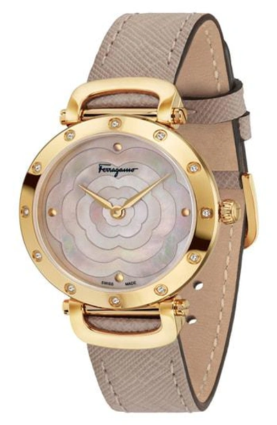 Ferragamo Diamond Leather Strap Watch, 34mm In Taupe