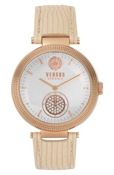 Versace Star Ferry Leather Strap Watch, 38mm In Beige/ Silver/ Rose Gold