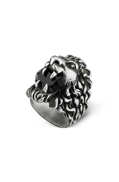 Gucci Lion Head Aureco Crystal Ring In Silver