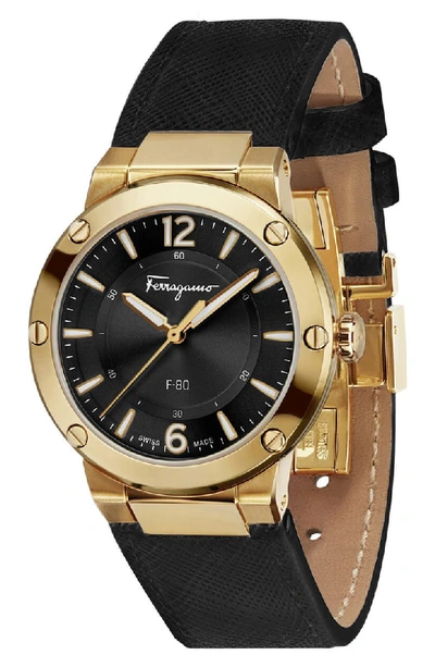 Ferragamo F-80 Saffiano Leather Strap Watch, 34mm In Black/ Gold