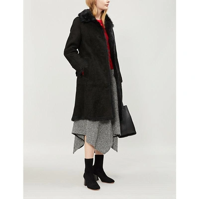 Burberry Womens Black Check Thestford Belted Shearling Coat