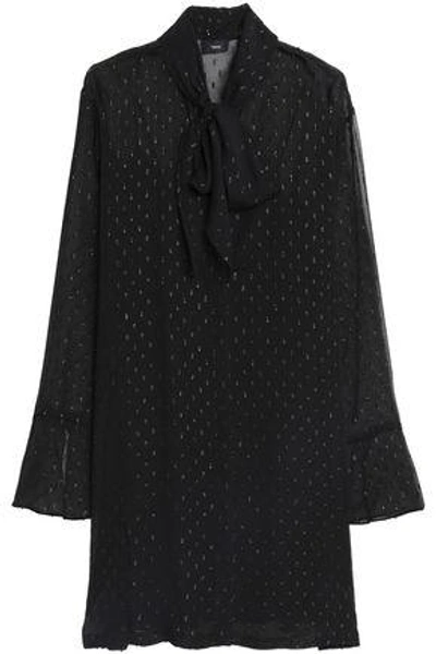 Theory Woman Pussy-bow Metallic Fil Coupé Silk-blend Mini Dress Black
