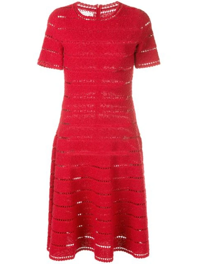 Oscar De La Renta Short-sleeve Pointelle Metallic-knit Fit-and-flare Dress In Red