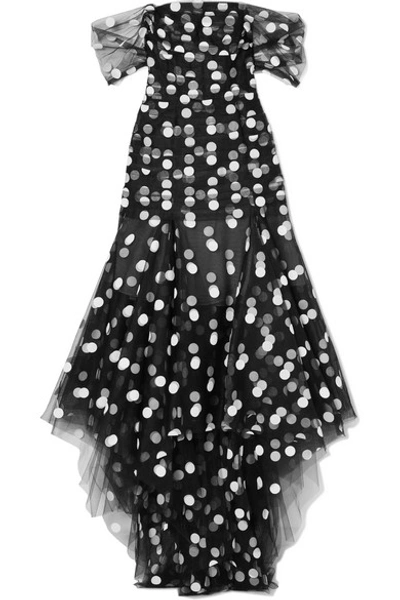Oscar De La Renta Asymmetric Off-the-shoulder Polka-dot Tulle Gown In Black