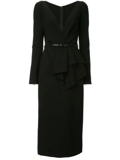 Oscar De La Renta Deep-v Long-sleeve Peplum-waist Stretch-wool Midi Dress, Black