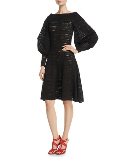 Oscar De La Renta Full-sleeve Off-the-shoulder A-line Pointelle Knit Dress In Black