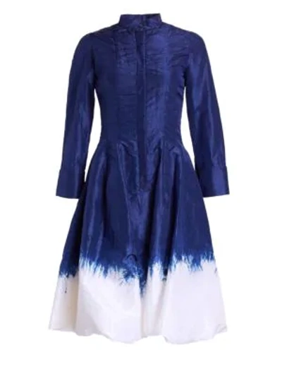 Oscar De La Renta Long-sleeve Dip-dye Bubble-hem Fit-and-flare Dress In Blue