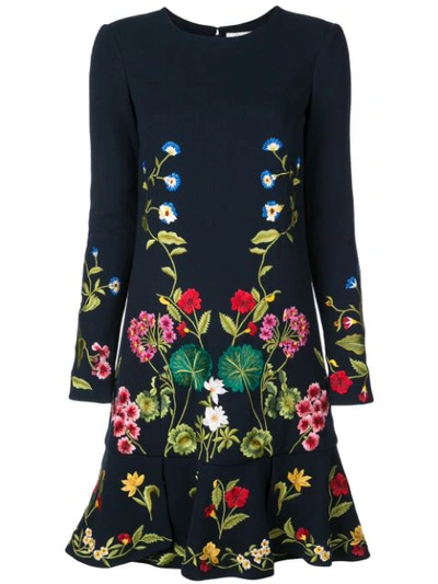 Oscar De La Renta Long-sleeve Floral-embroidered Fit-and-flare Knit Dress In Navy