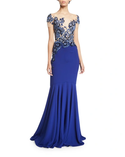 Pamella Roland Floral-embroidered Illusion Mermaid Gown In Blue