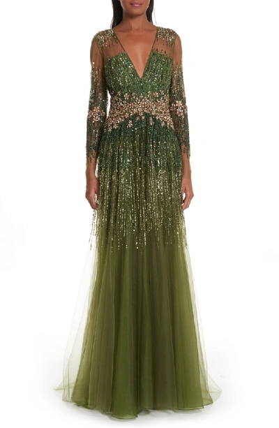 Pamella Roland Long-sleeve Sequined Illusion Gown In Sage Multi