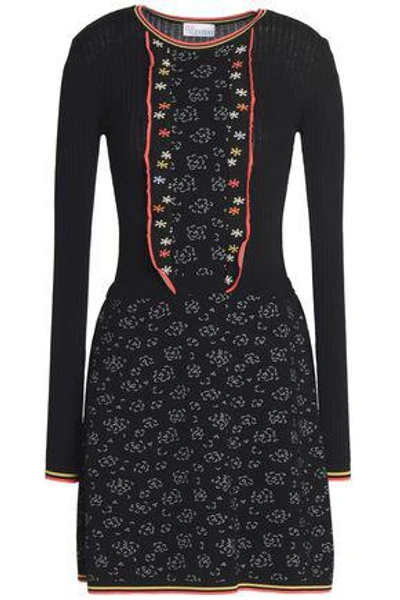 Red Valentino Woman Ruffle-trimmed Jacquard And Ribbed-knit Mini Dress Black