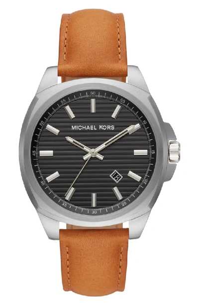 Michael Kors Bryson Leather Strap Watch, 42mm In Brown/ Black Sunray/ Silver