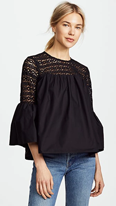 Endless Rose Lace Poplin Bell Sleeve Blouse In Black