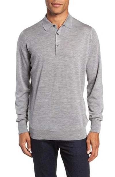 John Smedley Slim Fit Long Sleeve Merino Polo In Silver