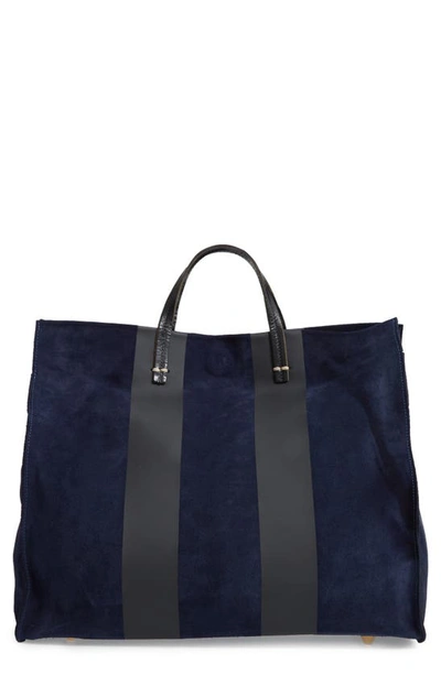 Clare V Simple Stripe Leather Tote In Navy Suede Stripe