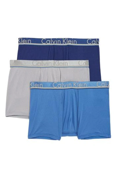 Calvin Klein 3-pack Comfort Microfiber Trunks In Hague Blue/ Downpour/ Georgia
