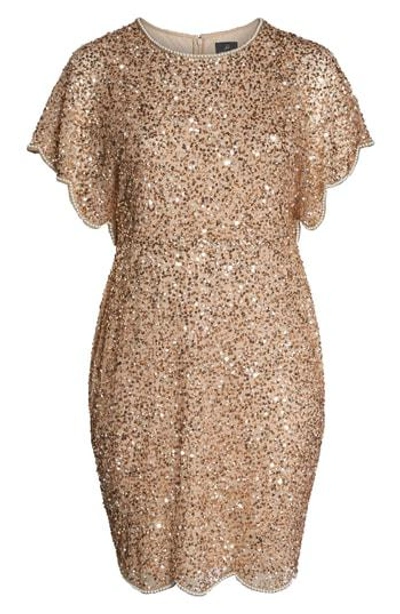 Adrianna Papell Beaded Flutter Sleeve Sheath Dress In Champagne/ Gold