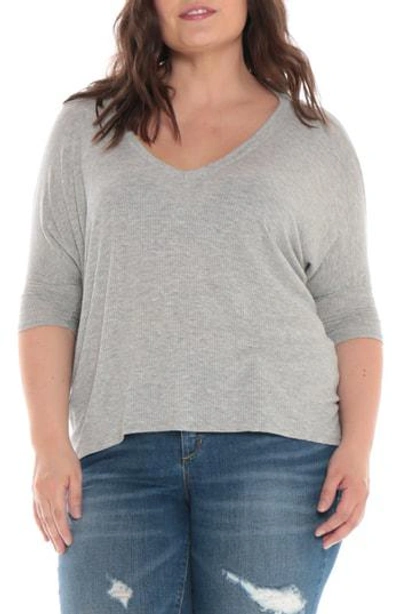 Slink Jeans Ribbed V-neck Top In Heather Grey