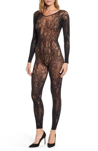 Natori Floral Lace Long-sleeve Catsuit In Black