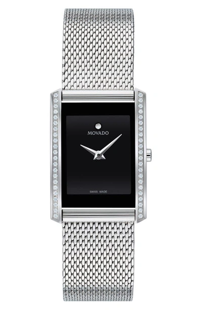 Movado La Nouvelle Diamond Silver-tone Mesh Watch, 21mm X 29mm In Silver/ Black/ Silver
